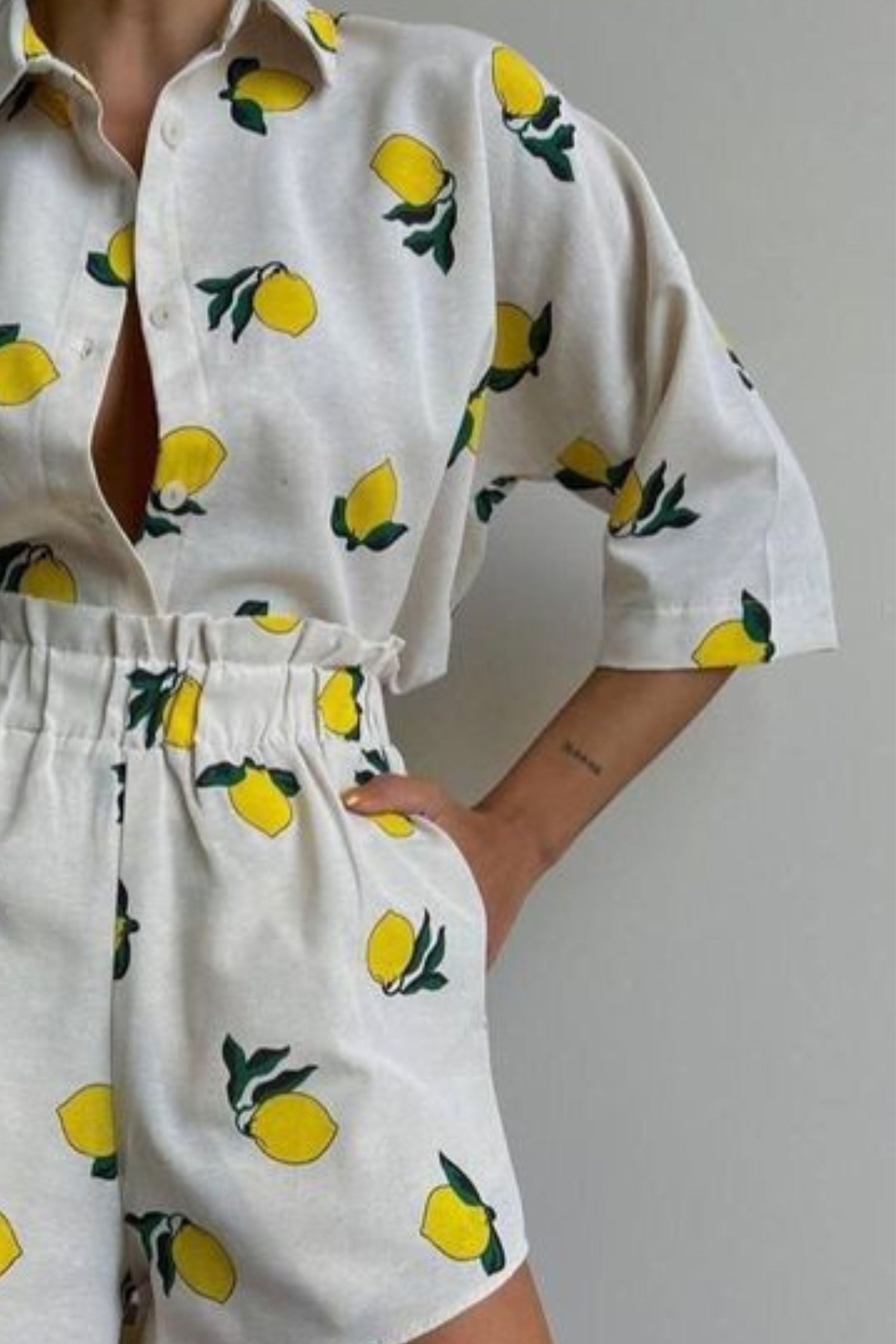 LEMON SHIRT AND HIGH WAISTED SHORTS